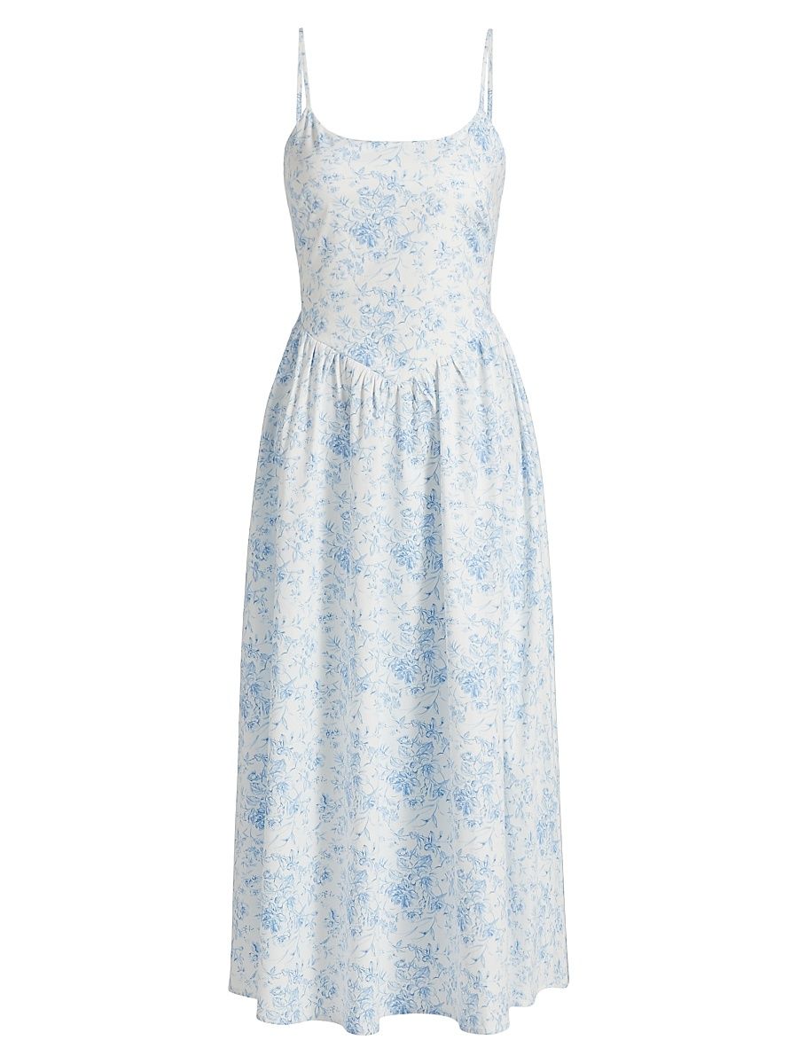 Women's Toile Basque-Waist Midi-Dress - Blue - Size Large
