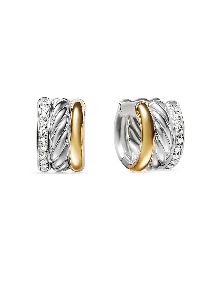 Women's DY Mercer Huggie Hoop Earrings in Sterling Silver with 18K Yellow Gold and Diamonds, 14MM - Diamond