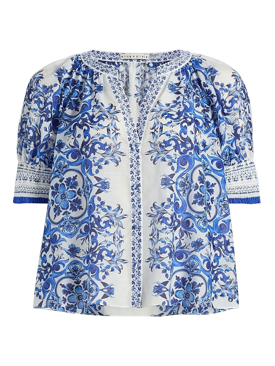 Women's Thalia Rococo Cotton-SIlk Puff-Sleeve Blouse - Solstice - Size XL