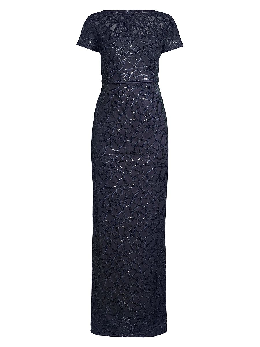 Women's Sequined Illusion-Neck Gown - Navy - Size 16