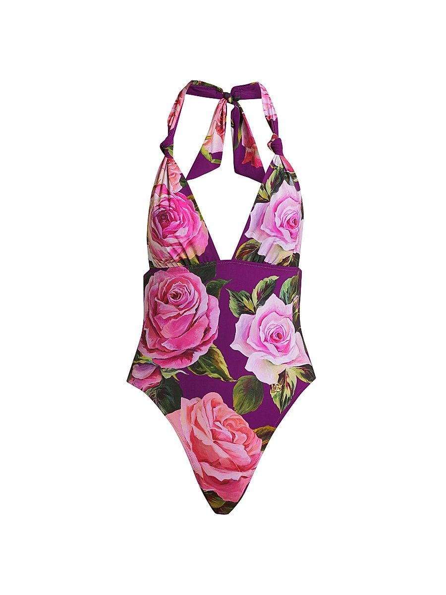 Women's Floral Deep V-Neck One-Piece Swimsuit - Rose Rosa Viola - Size Medium