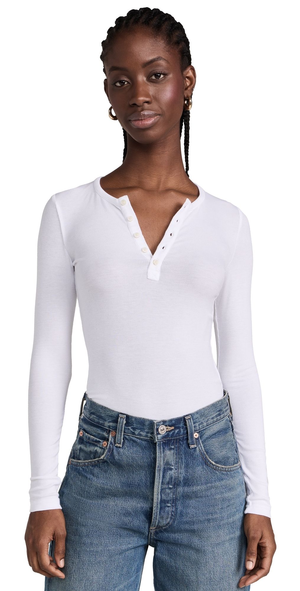 Favorite Daughter The Henley Ribbed Long Sleeve Tee White S