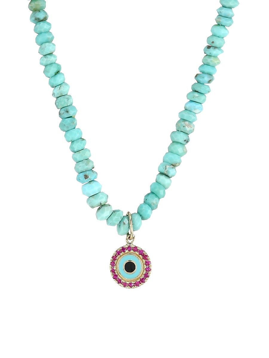 Women's Small Arizona Turquoise Bead, Ruby & Enamel Evil Eye Charm Necklace - Blue