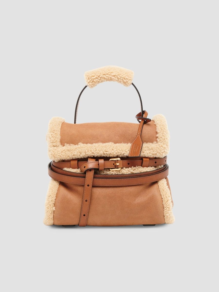Moschino Women's Tie Me Shearling-Trimmed Top Handle Bag - Beige
