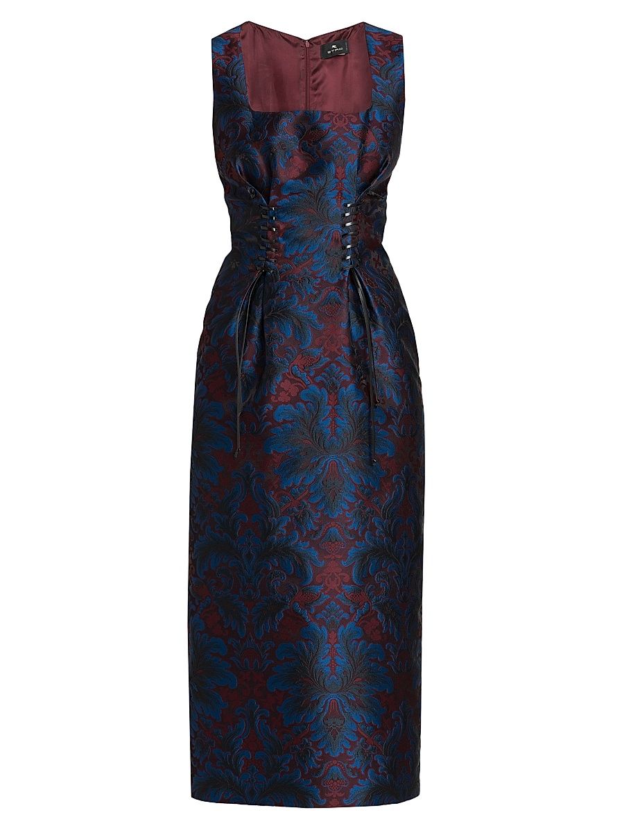 Women's Jacquard Square Neck Midi-Dress - Multicolor Blue Base - Size 8