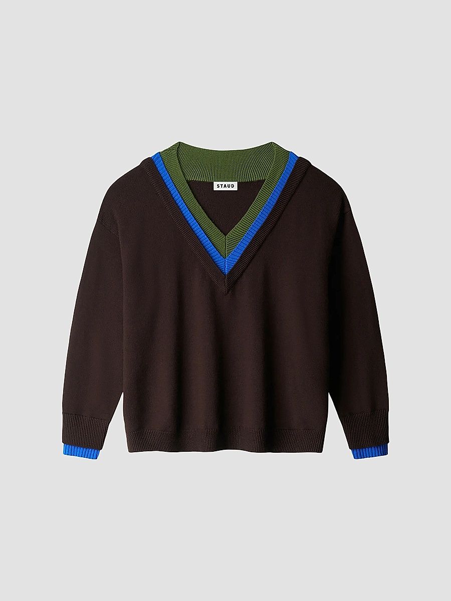 Women's Norman Merino-Wool V-Neck Sweater - Dark Oak Multi - Size XL