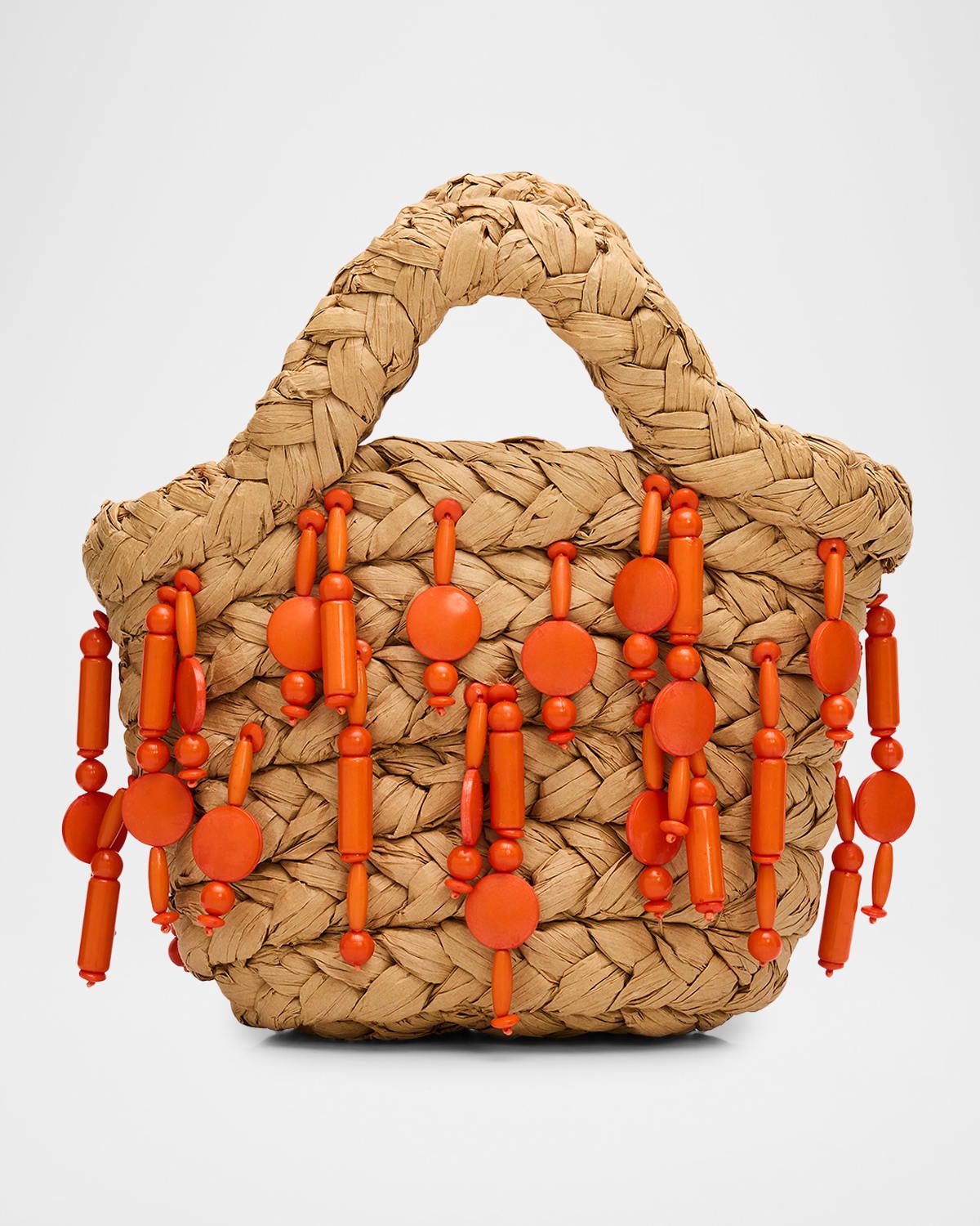Shelly Mini Beaded Raffia Top-Handle Bag