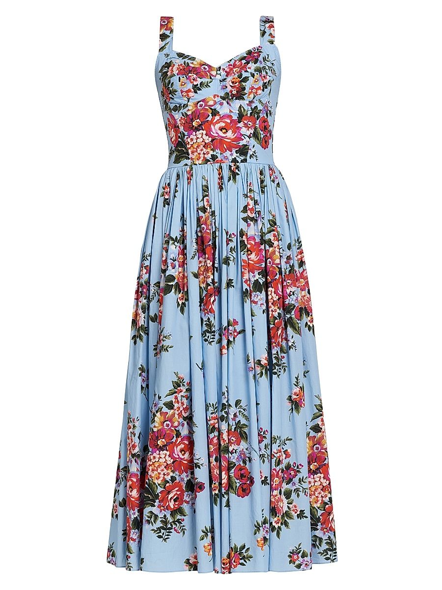 Women's Pleated Floral Cotton Midi-Dress - Mazz Fiori F Celeste - Size 12