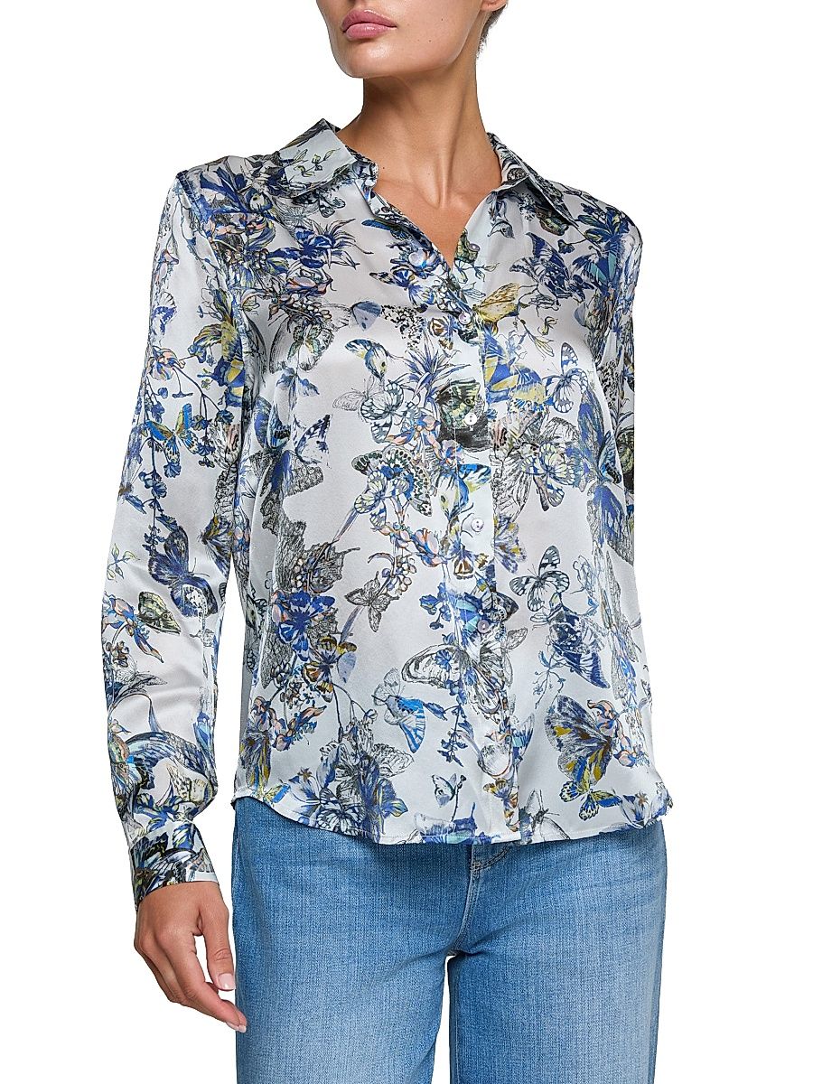 Women's Tyler Watercolor Butterfly-Print Silk Blouse - Grey Watercolor Butterfly - Size XL