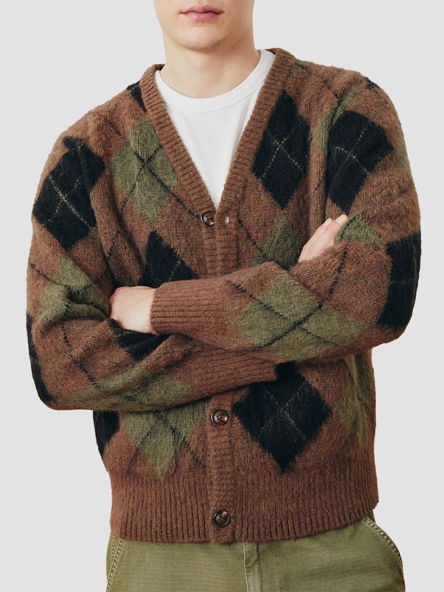 Corridor Men's Argyle V-Neck Cardigan - Brown - Size Medium