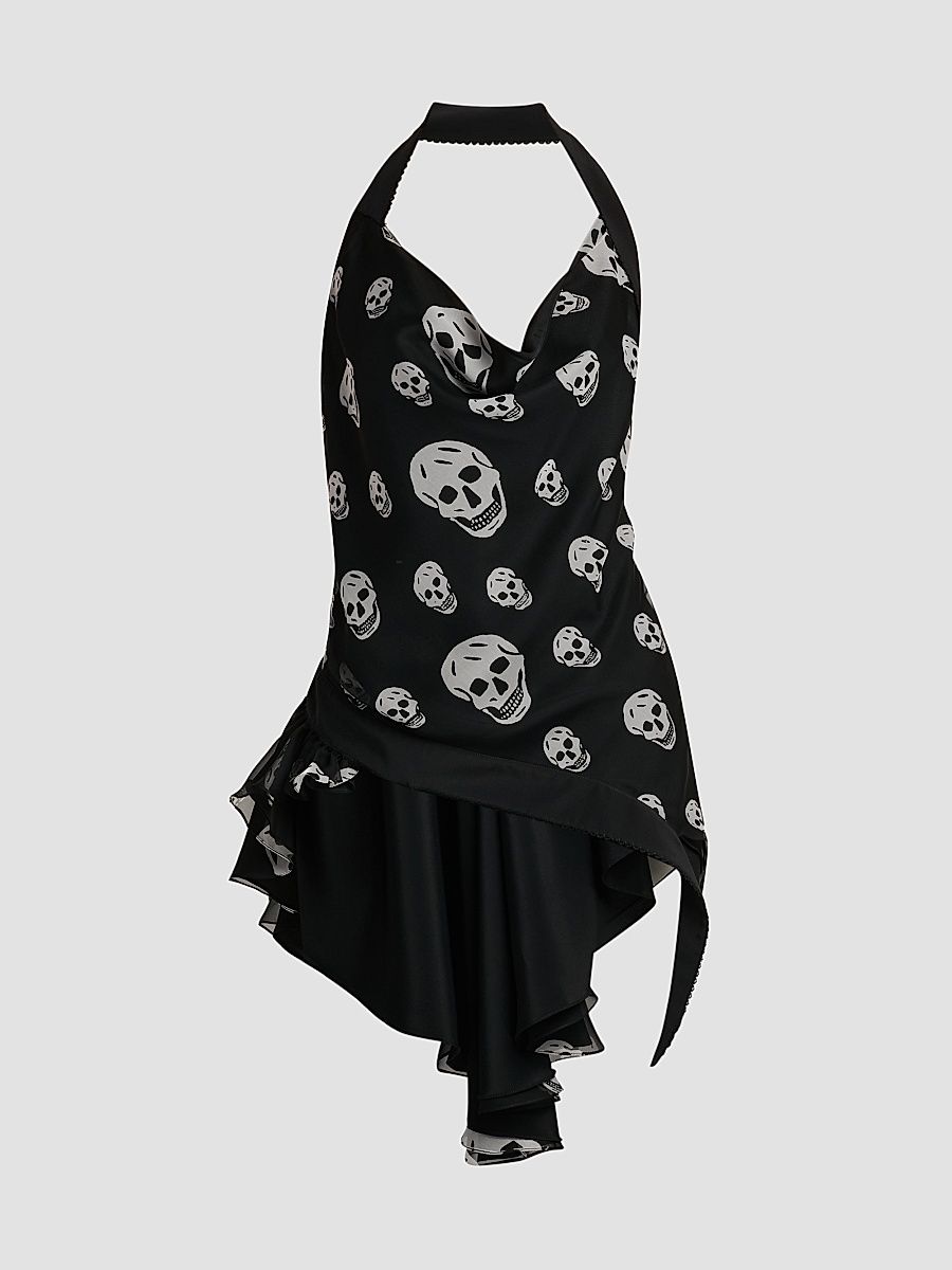 Women's Scarf Halter Silk Skull Print Top - Dark Grey - Size 6