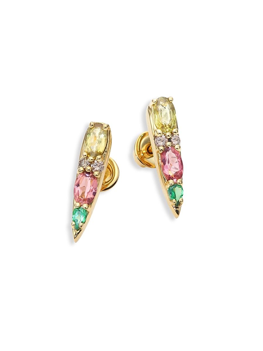 Women's Spectrum Tapered Brown Diamond, Tsavorite, Pink Tourmaline & Yellow Beryls Stud Earrings - Gold Multi