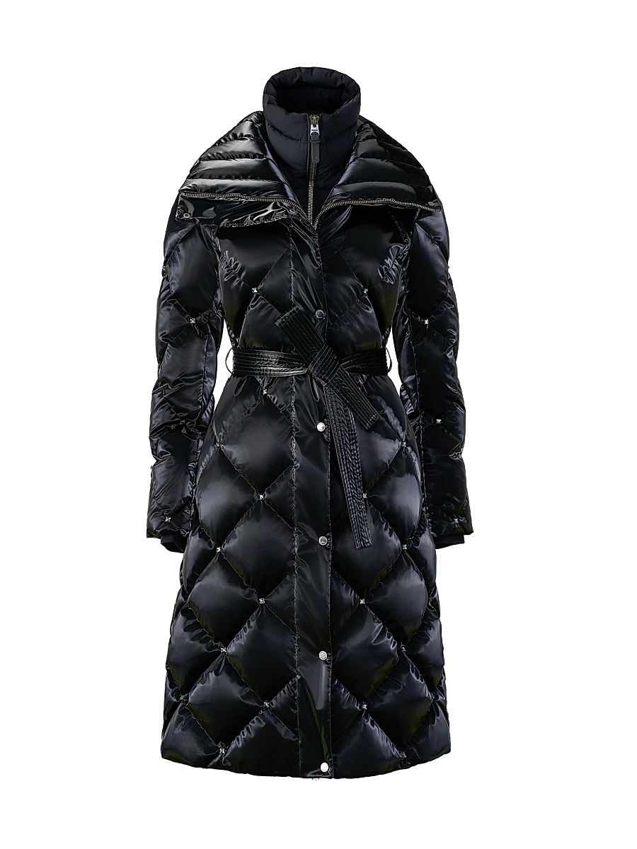 Women's Izumi-Glo Rhinestone High-Gloss Quilted Coat - Black - Size Medium
