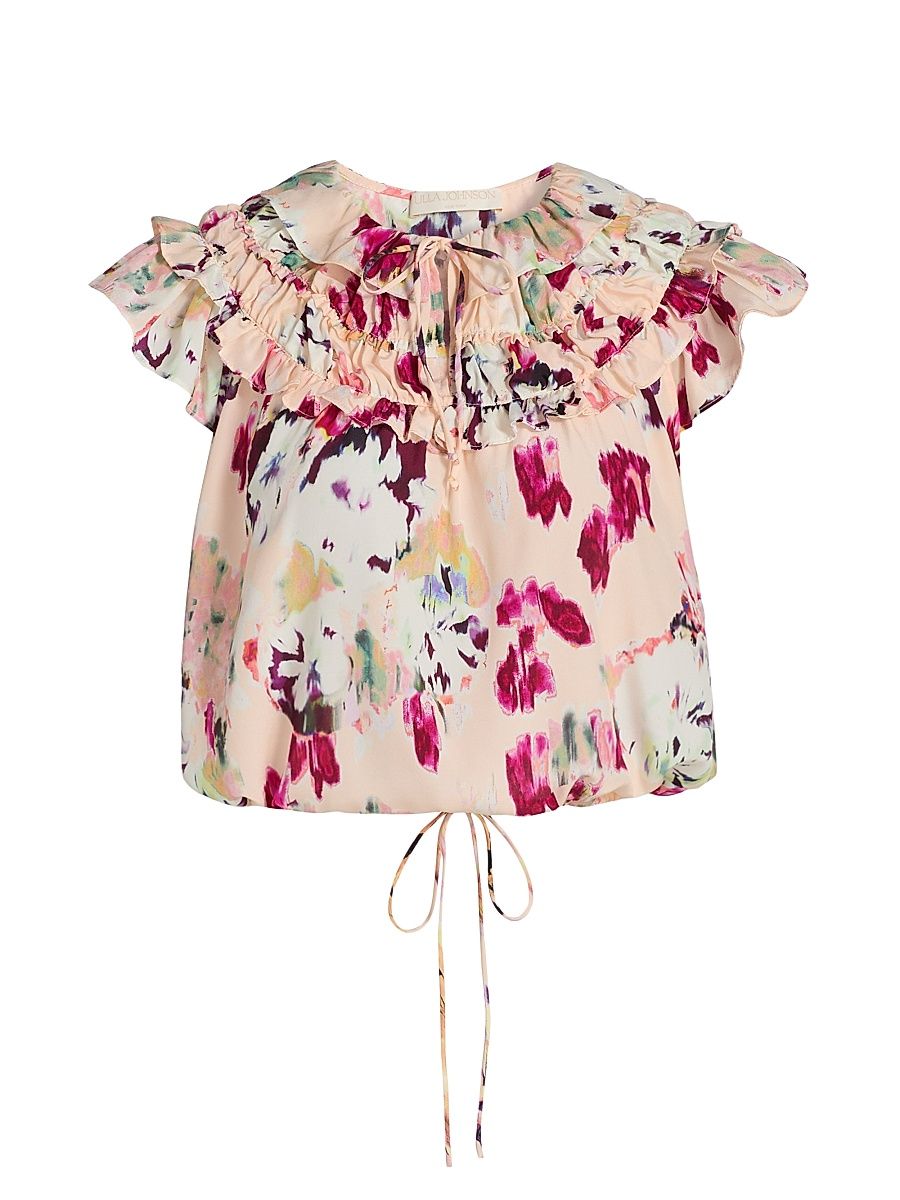 Women's Eleonore Ruffled Floral Silk Tieneck Top - Summer Garden - Size 12