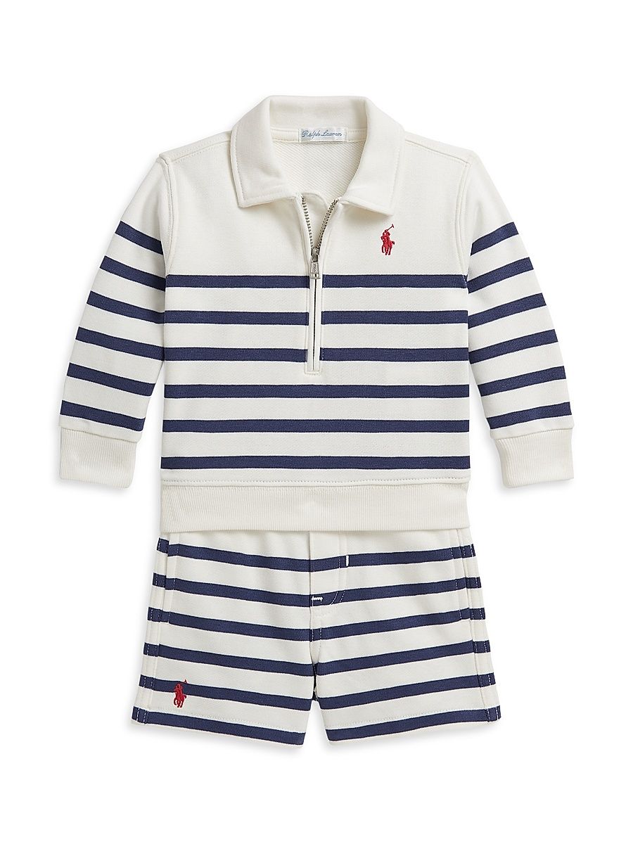 Baby Boy's Striped French Terry Half-Zip Pullover & Shorts Set - Deckwash White - Size 9 Months