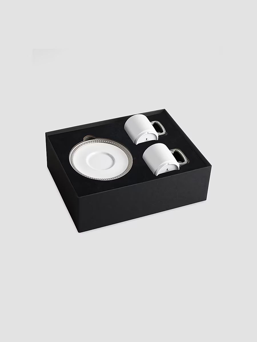 Soie Tressee Silver Espresso Cup & Saucer Set - White Silver