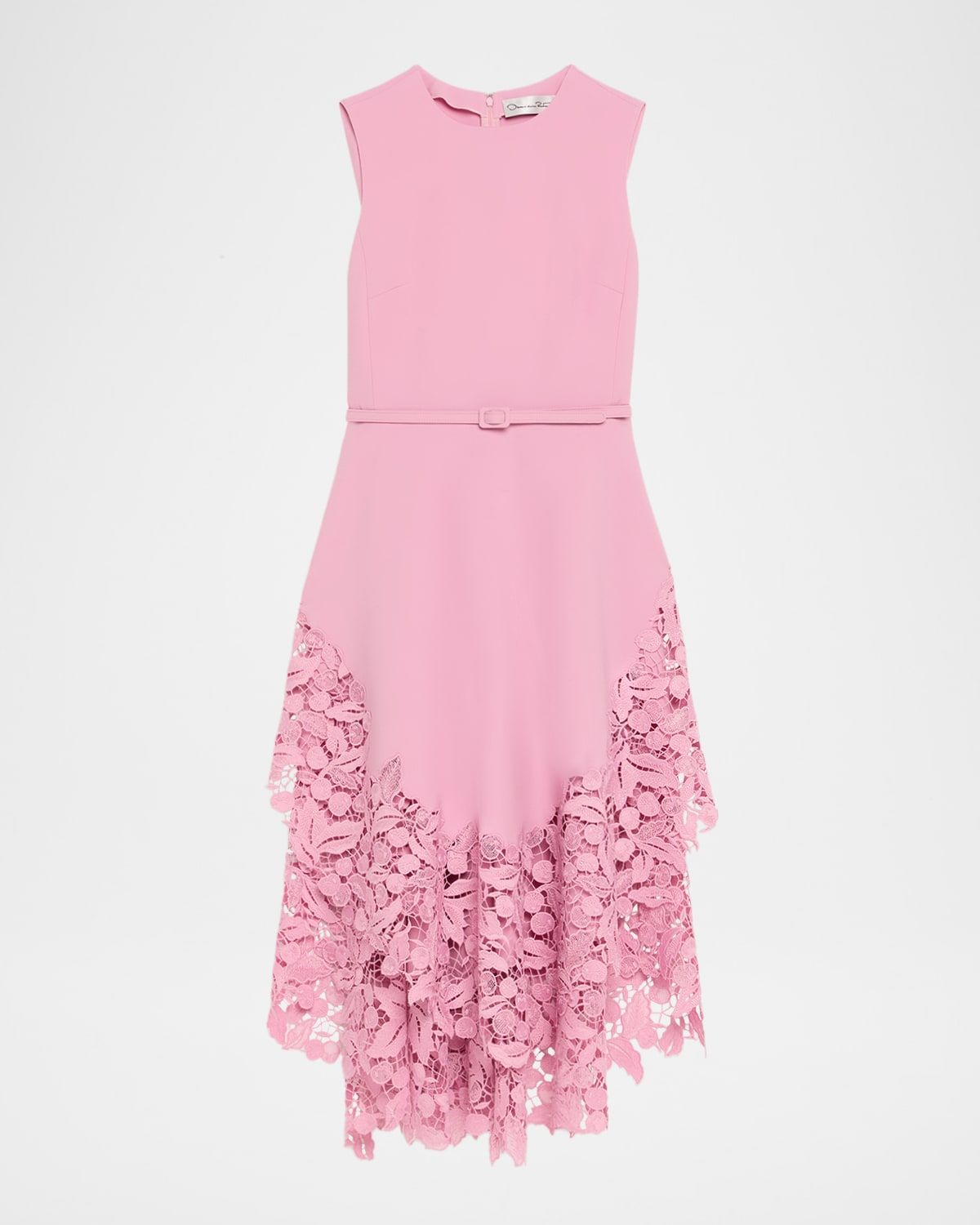 Sleeveless Cherry Guipure Embroidered High-Low Dress With Belt