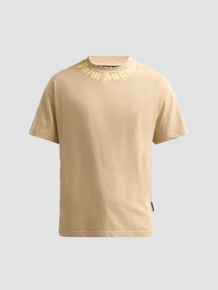 Palm Angels Men's Neck Logo Cotton T-Shirt - Khaki Light Yellow - Size Large