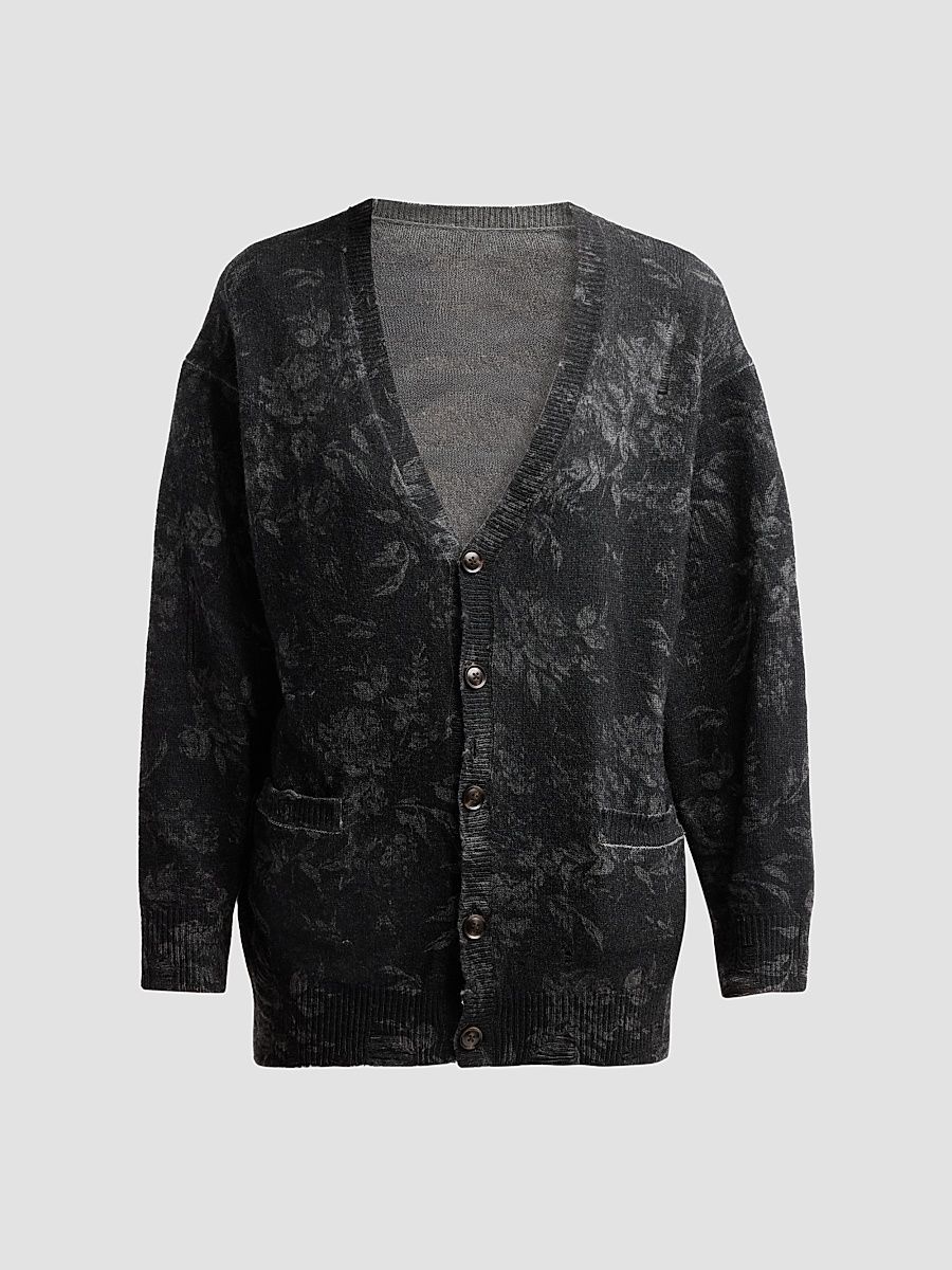 Women's Floral Wool Boyfriend Cardigan - Black Grey Floral - Size XL