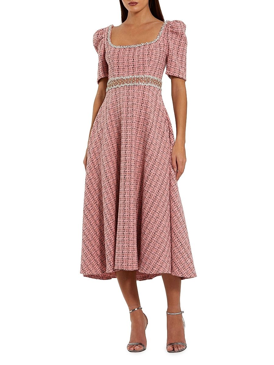 Women's Beaded Puff-Sleeve Boucle Midi-Dress - Pink Multi - Size 16