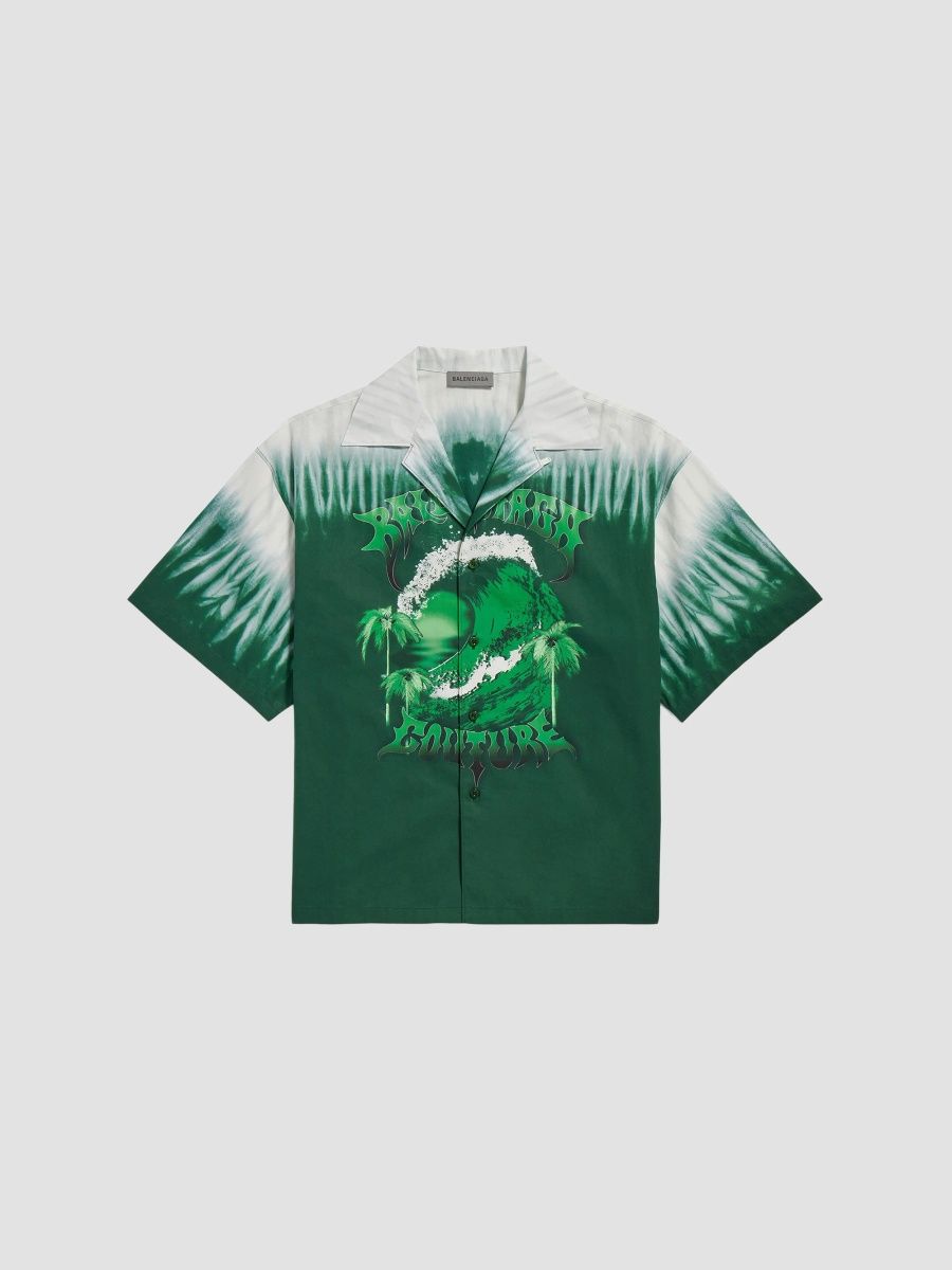 Balenciaga Men's Extreme Tie Dye Bowling Short Sleeve Shirt - Green White - Size 40
