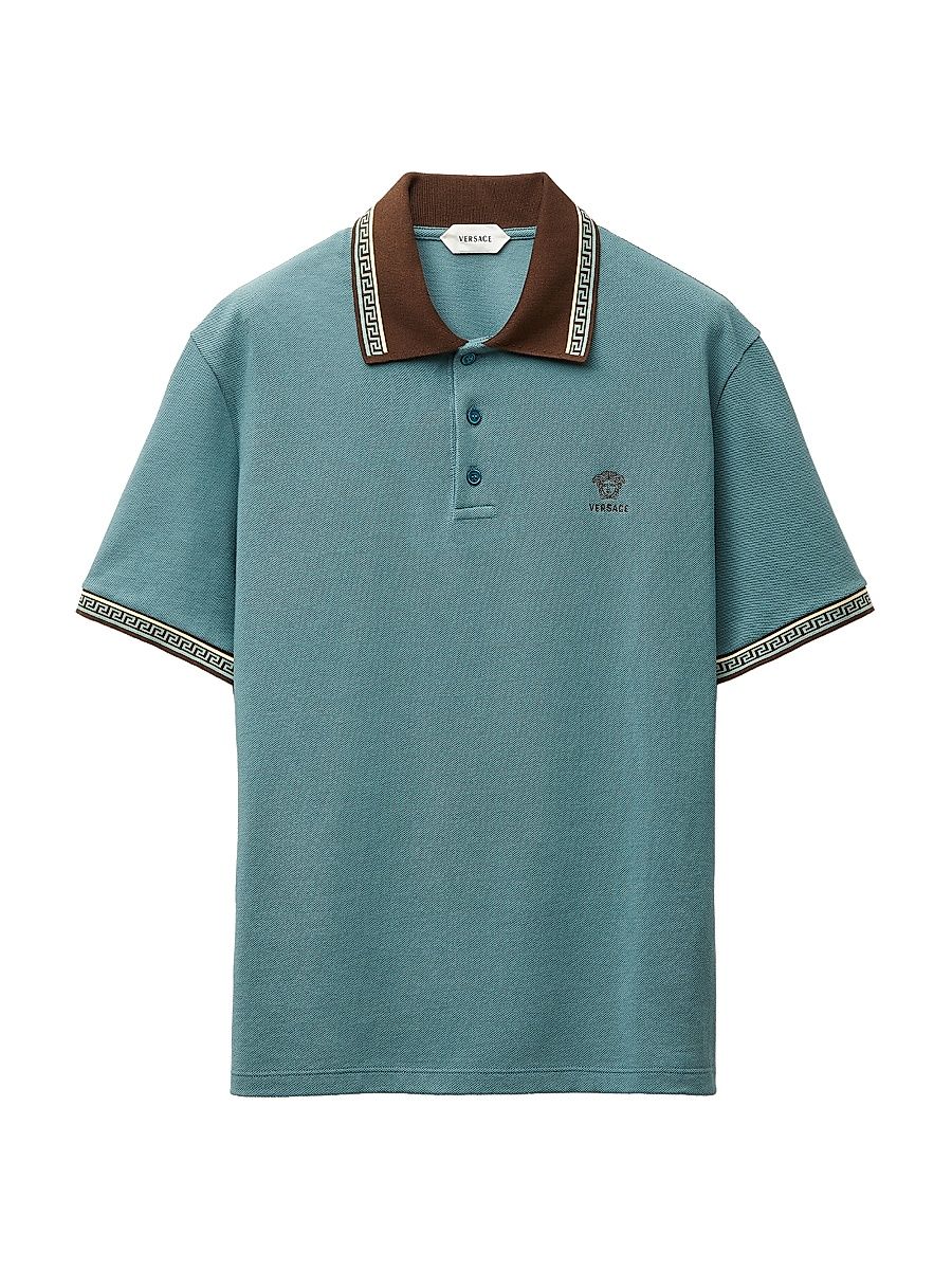 Men's Greca Medusa-Embroidered Cotton Piqué Polo Shirt - Dark Sage Brown - Size XL