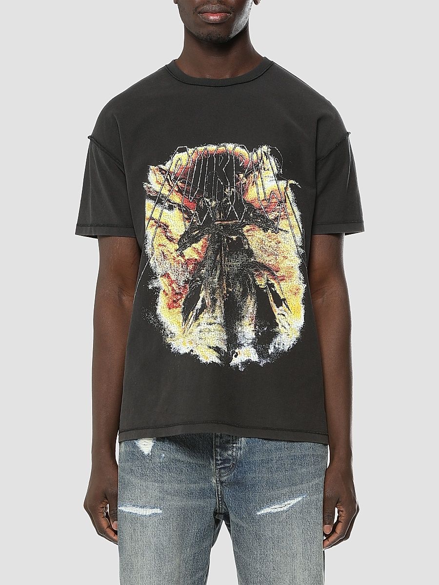 Men's Embellished Textured Graphic Cotton T-Shirt - Black - Size XXL