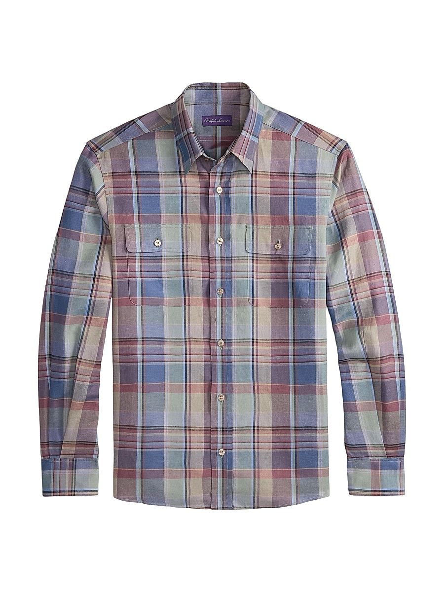 Men's Plaid Silk-Linen Button-Front Shirt - Fern Green Multi Plaid - Size XL