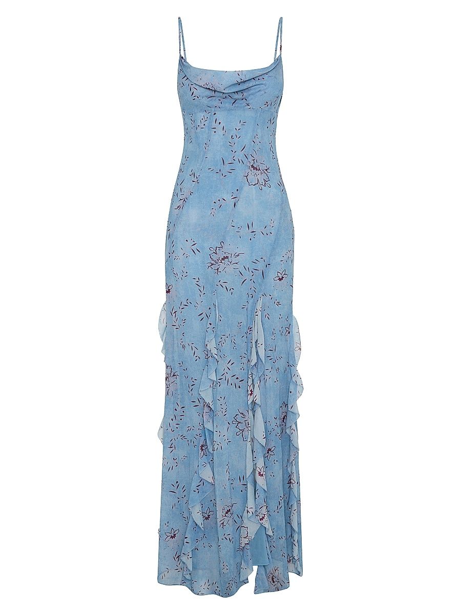 Women's Kamila Ruffle Cowlneck Gown - Wisteria Floral Blue Smoke - Size 12