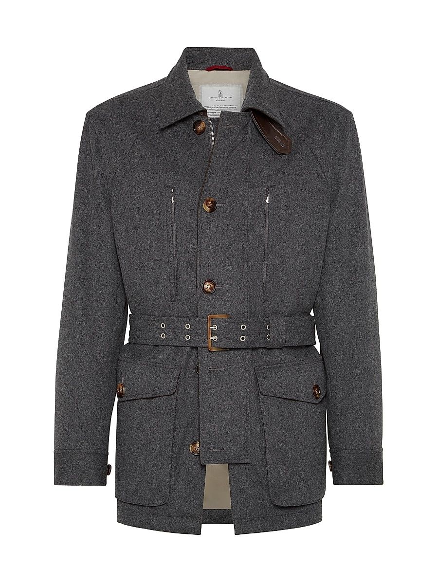 Men's Bonded Wool Flannel Belted Safari Jacket with Thermore Padding - Anthracite - Size 42