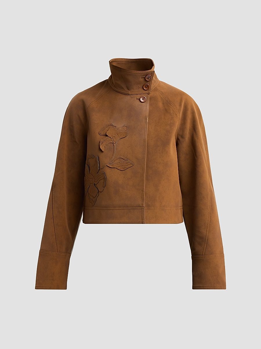 Women's Kaia Embroidered Faux-Suede Crop Jacket - Mocha Meadow - Size 12