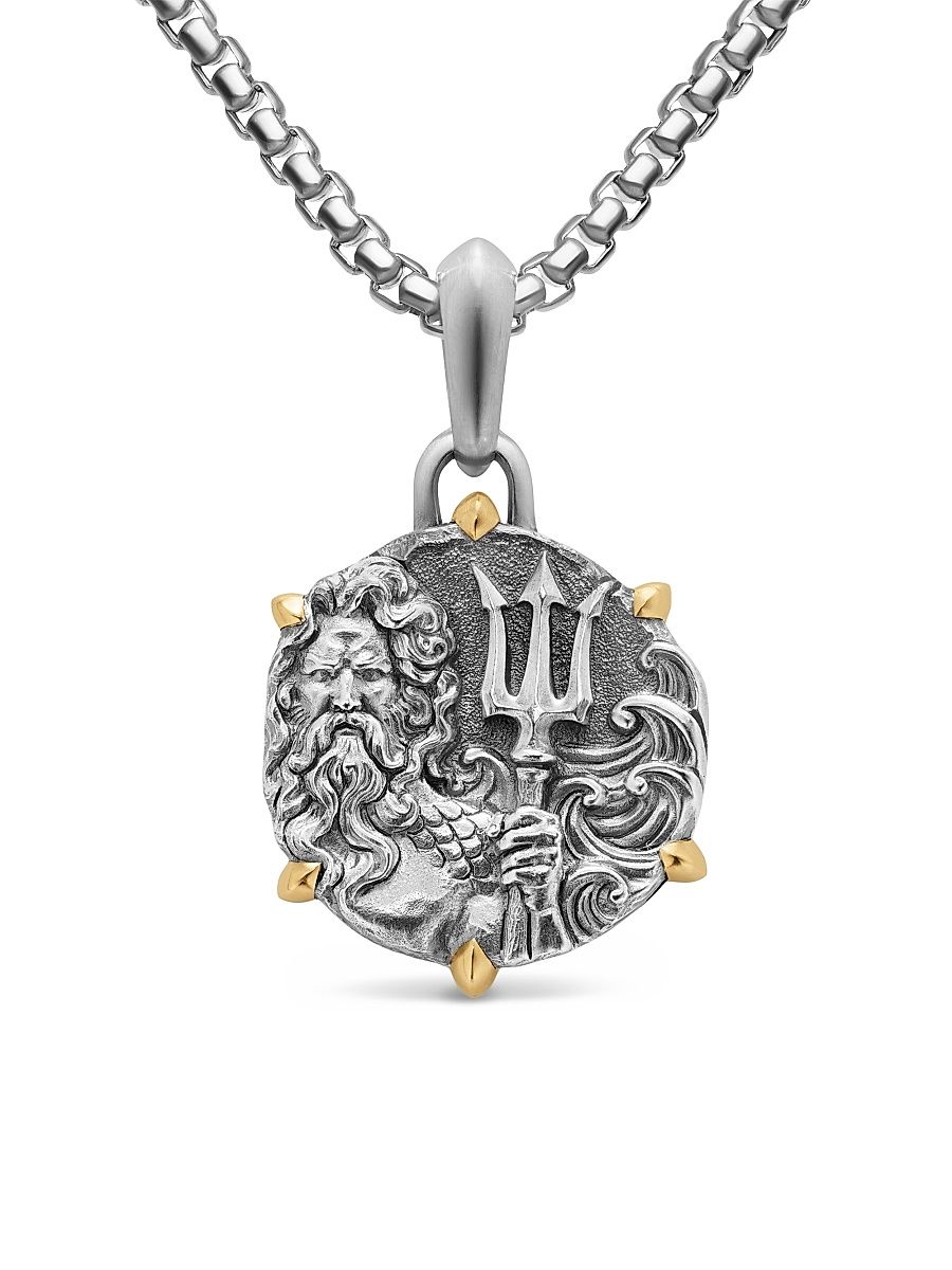 Men's Poseidon Amulet in Sterling Silver with 18K Yellow Gold, 26.4MM - Silver