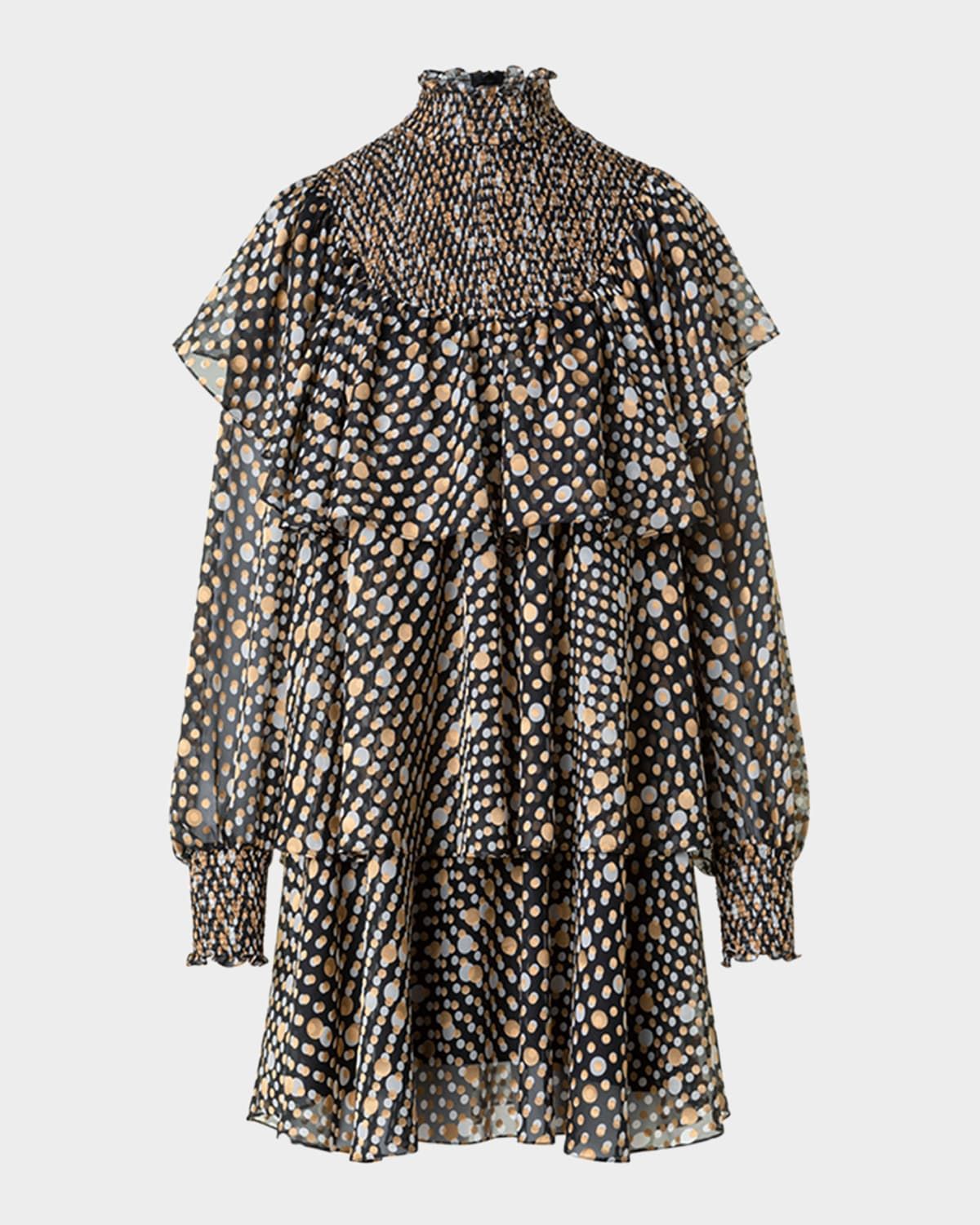 Polka Dot Devore Crepe De Chine Ruffle Mini Dress