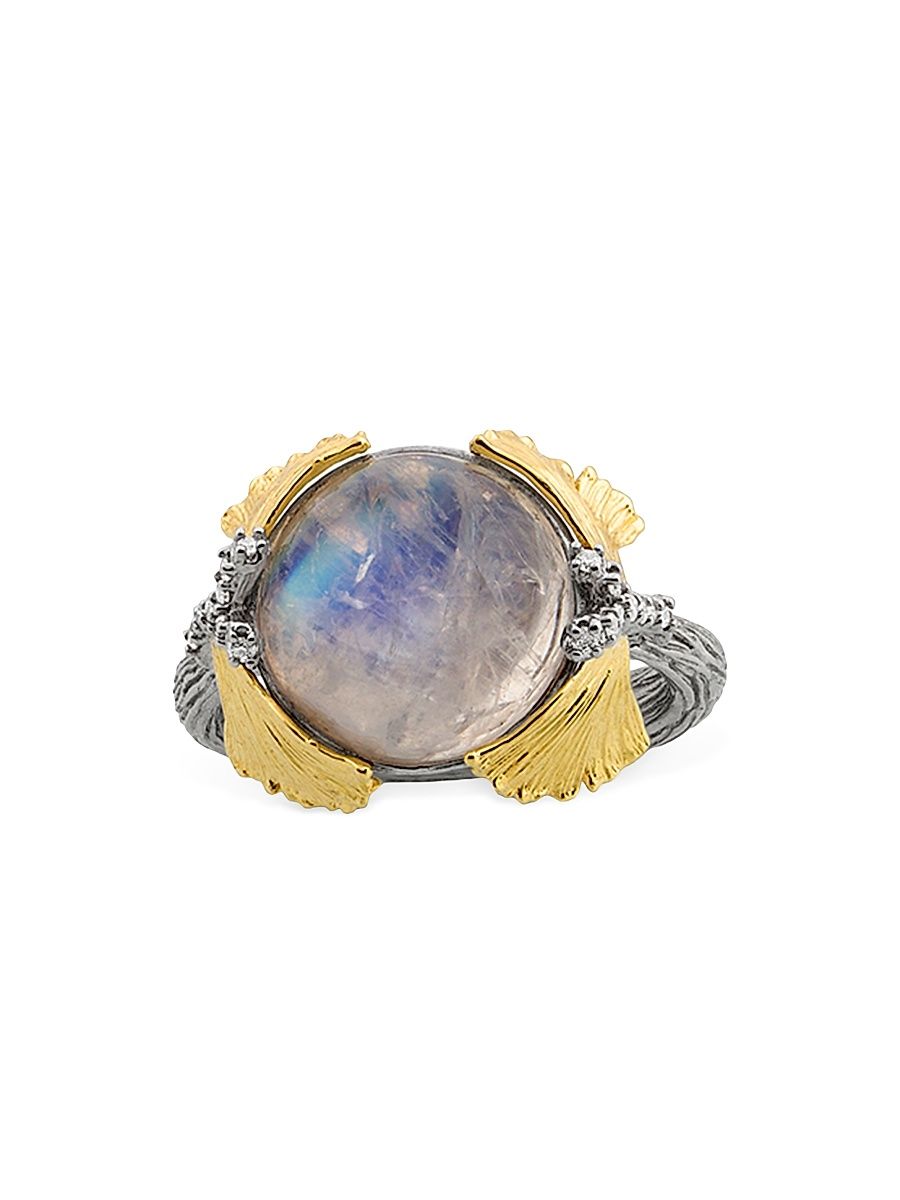 Women's Butterfly Ginkgo 18K Gold, Sterling Silver, Moonstone & Diamond Ring - Size 7