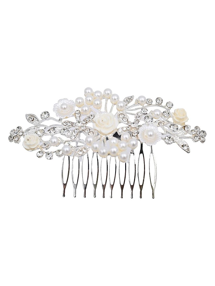 Rhinestone Pearl and Floral Hair Comb - Silver