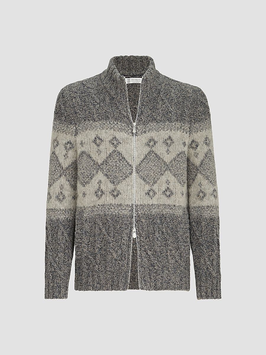 Men's Virgin Wool, Silk and Cashmere Chiné Cable Knit Cardigan - Cerulean - Size 44