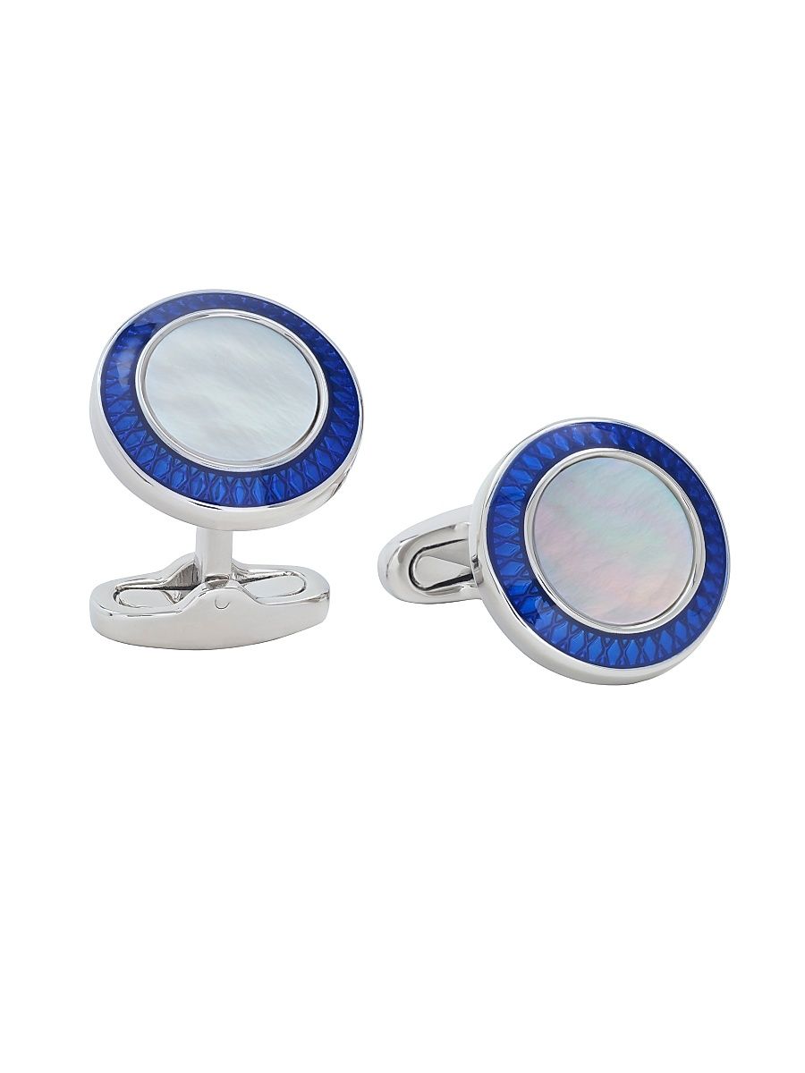 Men's Round Mother of Pearl Cufflinks - Blue Silver