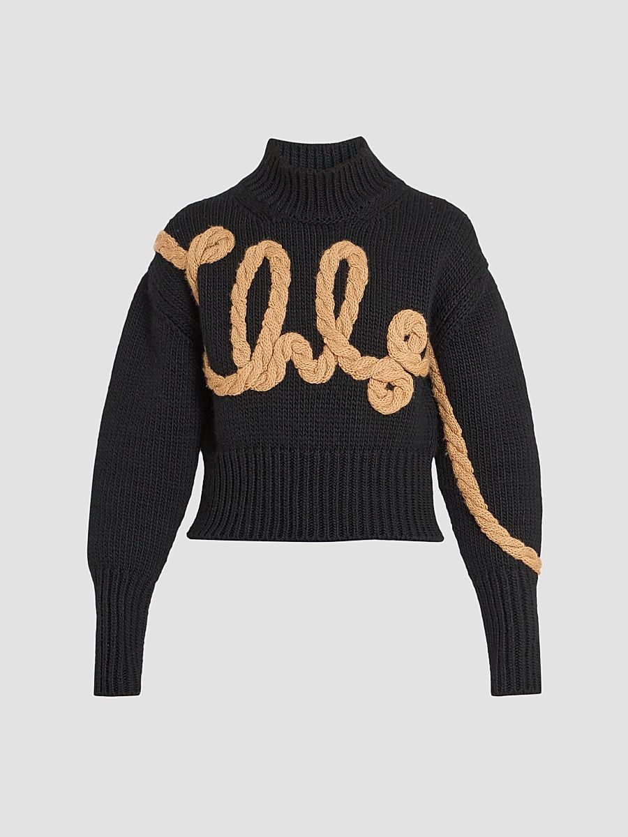 Women's Contrast-Knit Logo Appliqué Wool Sweater - Black - Size Small