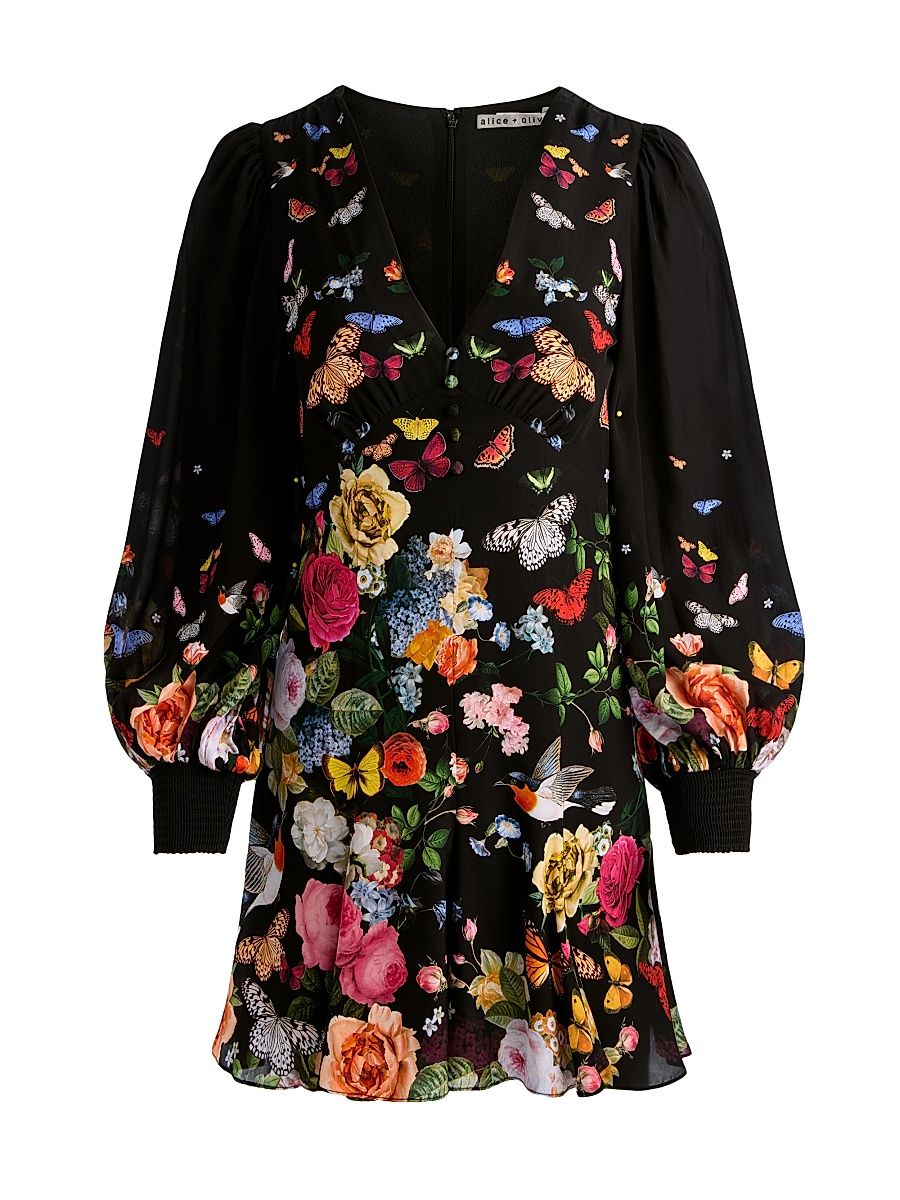 Women's Irene Floral Butterfly Empire Waist Minidress - Solar Strength Black - Size 14