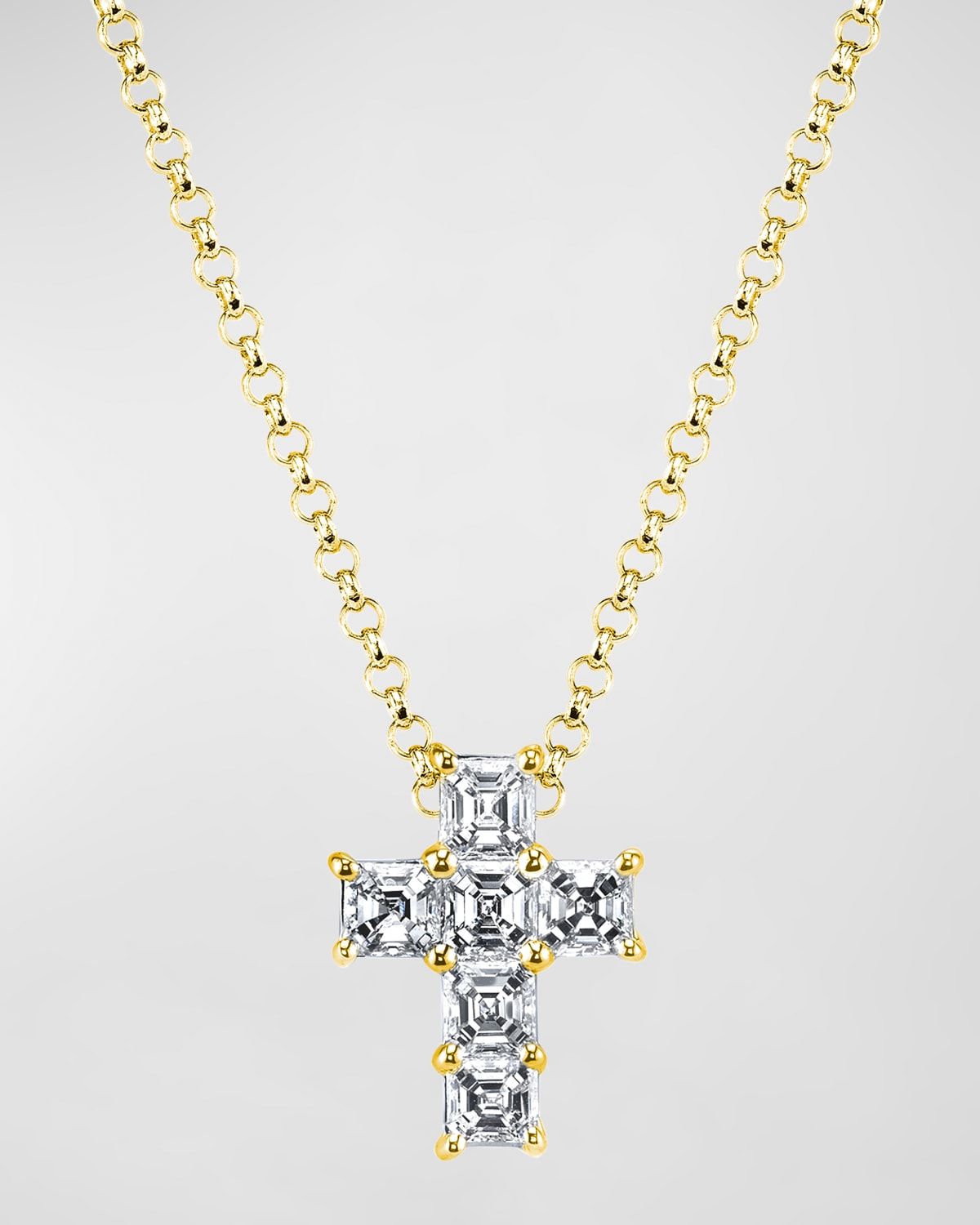 18K Gold 6-Stone Shared Prong Asscher Cut Diamond Cross Necklace, 16"L, 1.80tcw