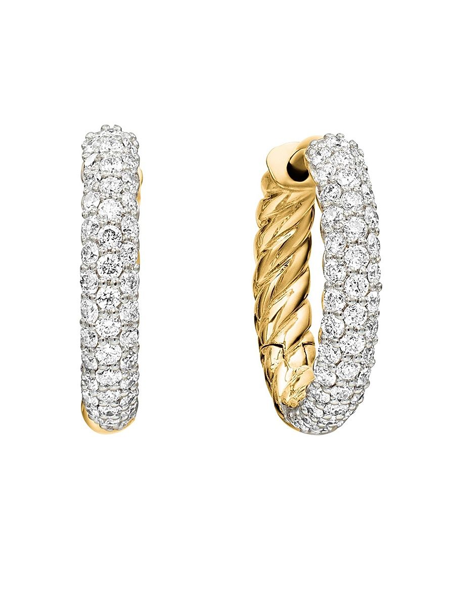 David Yurman Women's Petite Pavé Huggie Hoop Earrings in 18K Yellow Gold with Diamonds, 14mm - Diamond