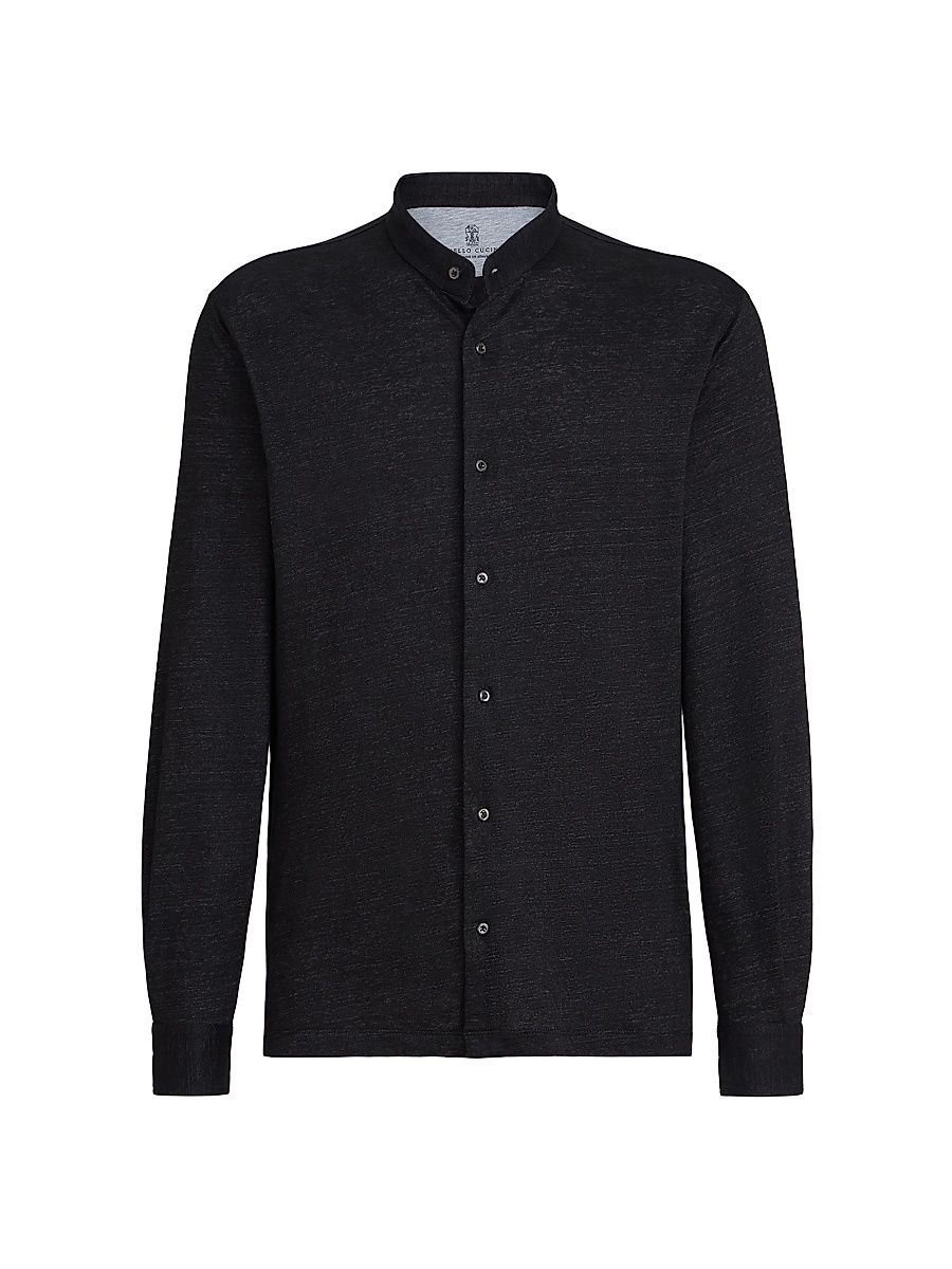 Men's Linen and Cotton Mélange Jersey Shirt with Mandarin Collar - Anthracite - Size XXS