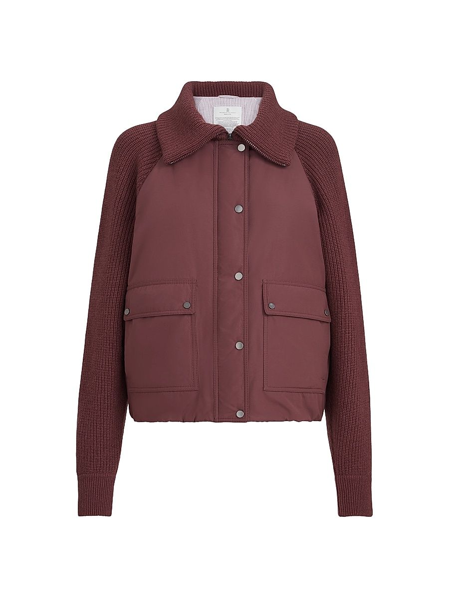 Women's Techno Cotton Taffeta and Virgin Wool, Cashmere and Silk Knit Down Jacket with Shiny Zipper Pull - Burgundy - Size 4