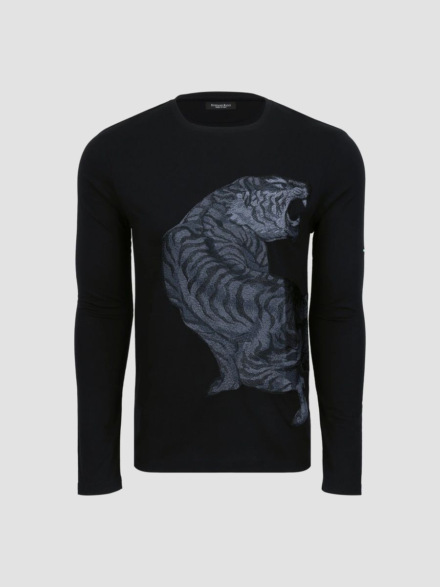 Stefano Ricci Men's Embroidered Roaring Tiger Long-Sleeve T-Shirt - Black - Size Medium