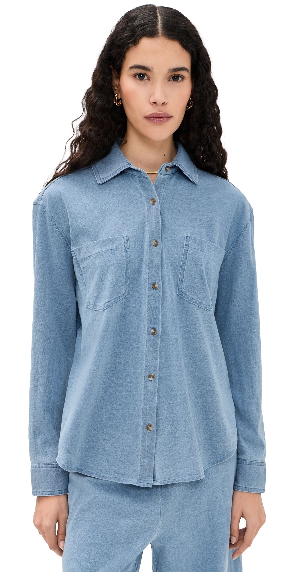 Z Supply Reese Jersey Denim Button Up Santorini Indigo XS