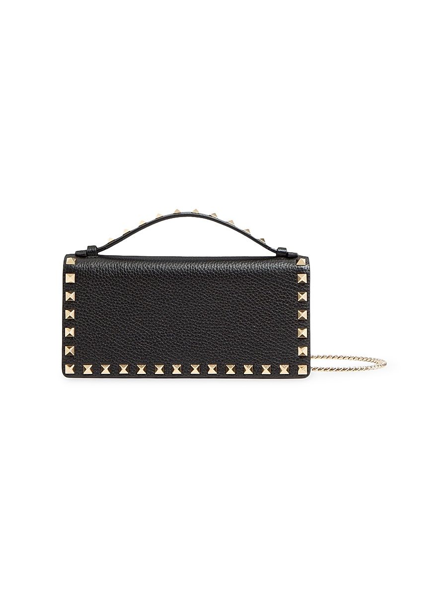 Women's Rockstud Wallet with Chain in Grainy Calfskin - Black