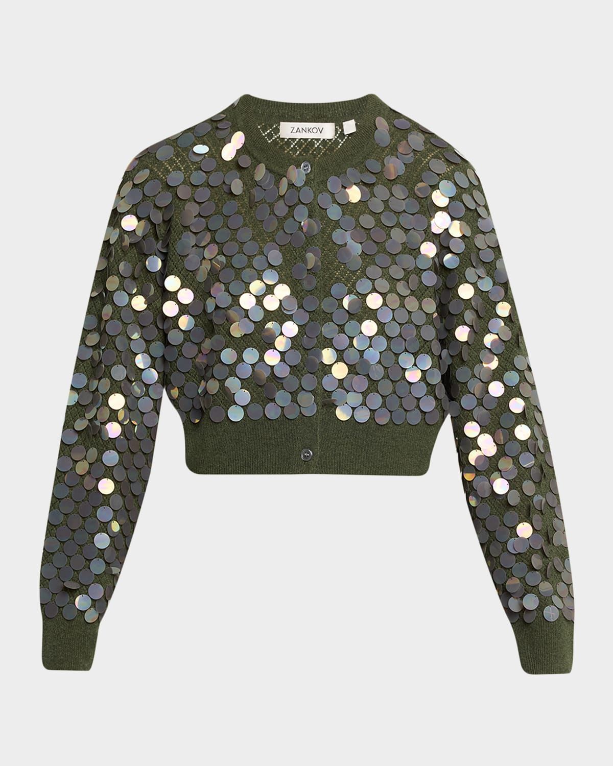 Sequined Cashmere Pointelle Knit Crop Cardigan