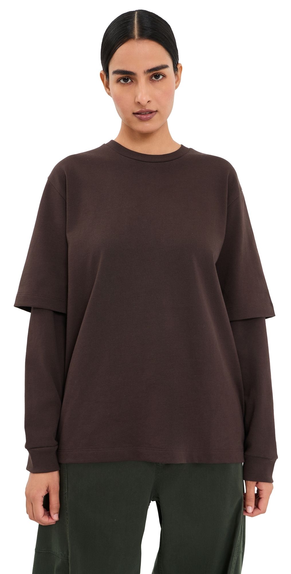 Tibi Perfect Unisex Double Layer Long Sleeve Tee Brown L