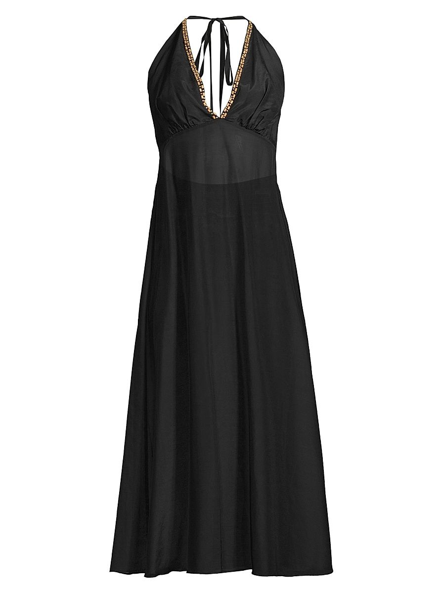 Women's Cotton Silk Voile Halter Maxi Dress - Black - Size XL