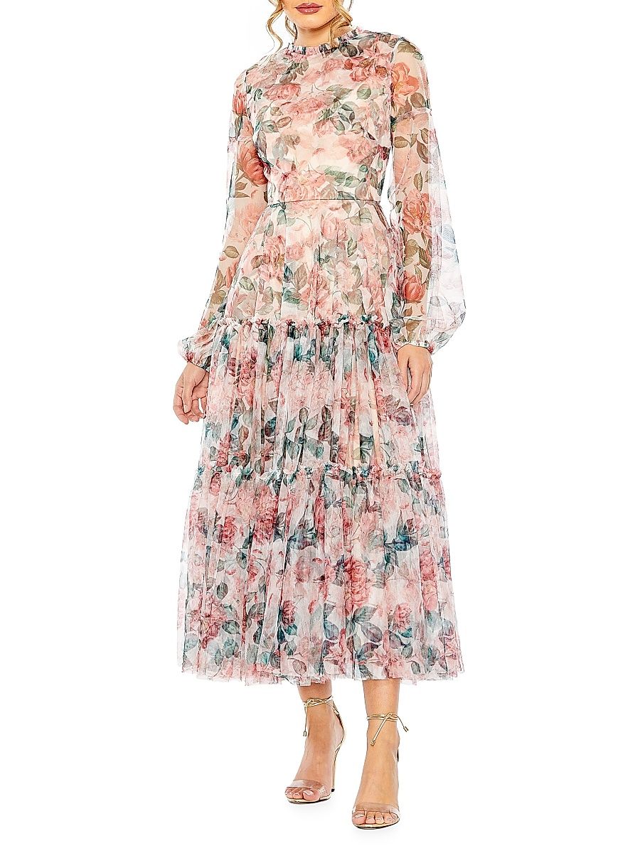 Women's Floral Chiffon Balloon-Sleeve Midi-Dress - White Multi - Size 22